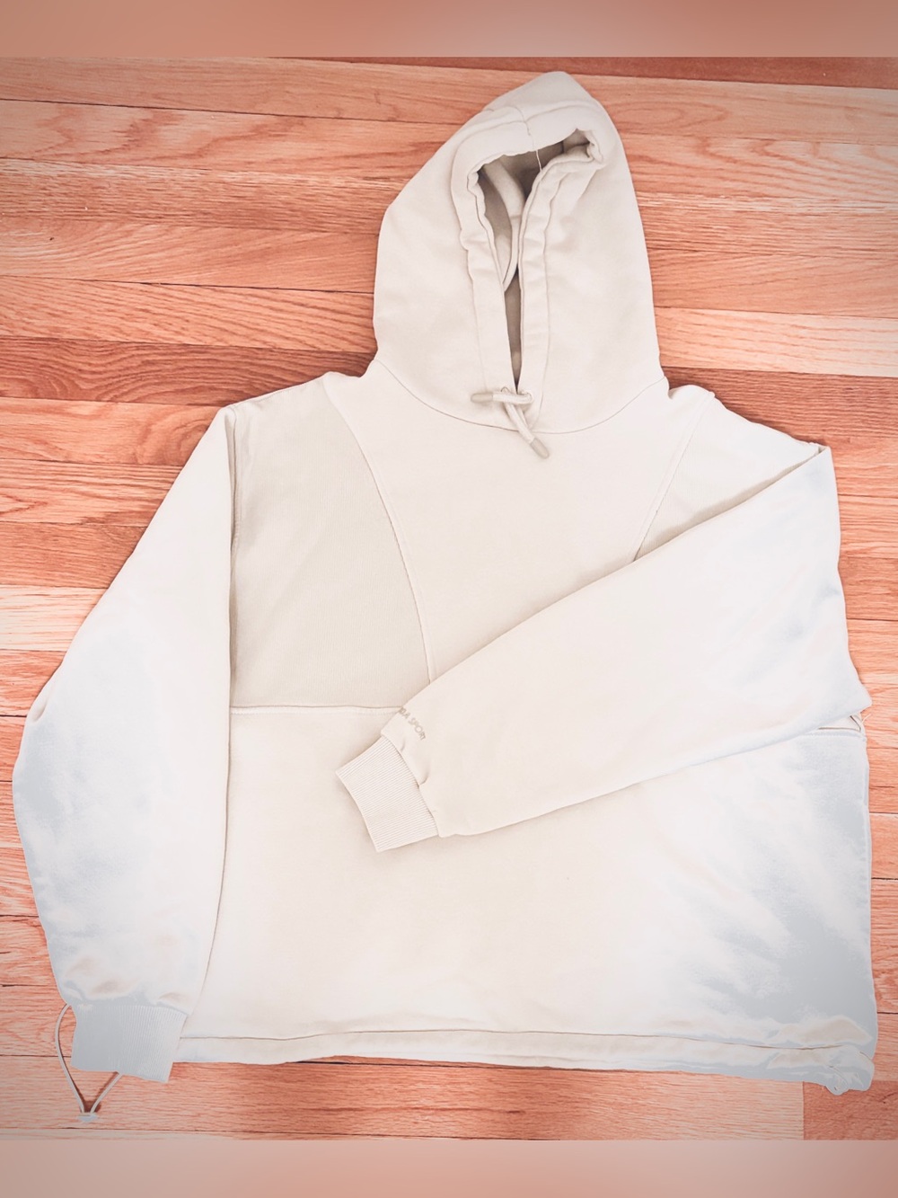 Pink Soda Sport Hoodie. Cream or Beige Color W/ Bungee Draw At Base.